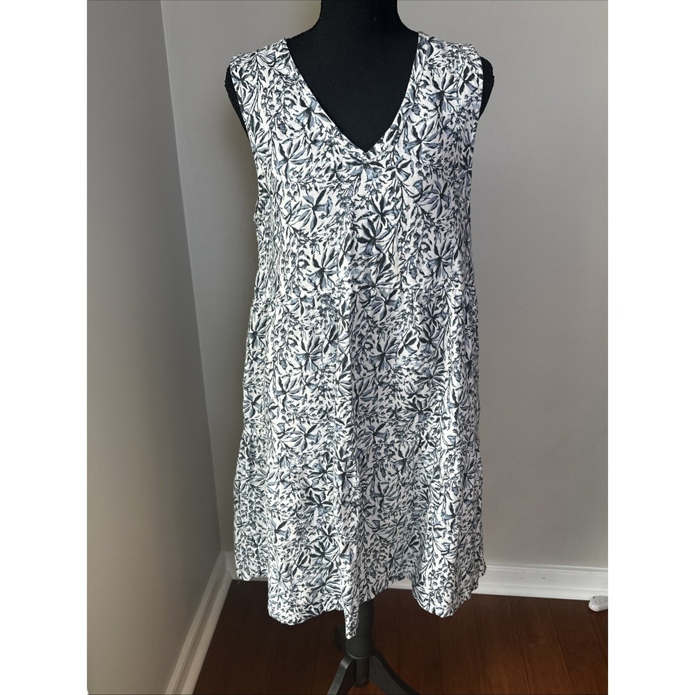 Lucky Brand Shift Dress Women M Blue White Floral Linen Sleeveless V-Neck Tiered
